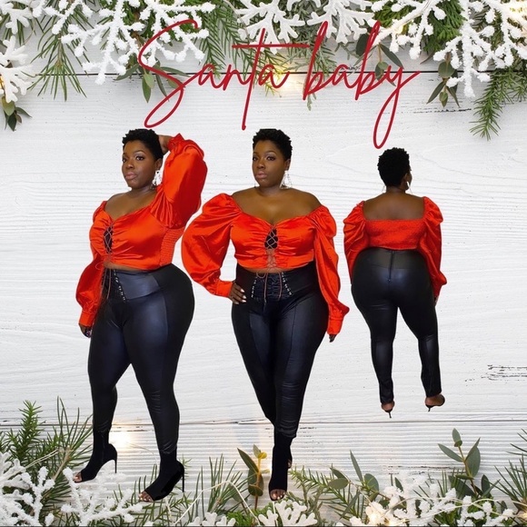 None Tops - Satin Red Holiday lace up crop top plus size off shoulder